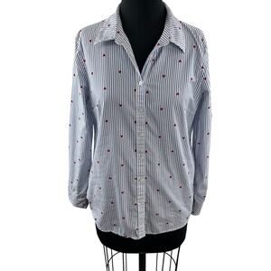 Talbots Blue White Red Top Cotton Striped Heart Collared Button-Up Size Small S